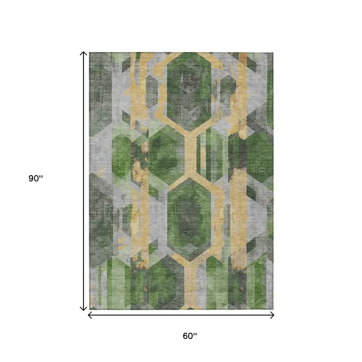 5' X 8' Green Gold And Silver Geometric Washable Indoor Outdoor Area Rug
