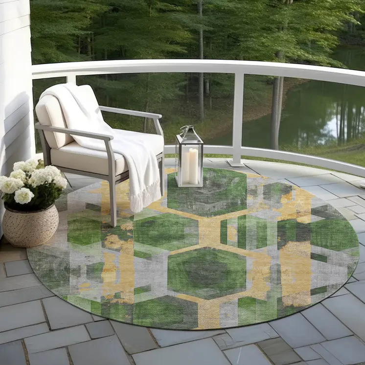 8' Green Gold And Silver Round Geometric Washable Indoor Outdoor Area Rug