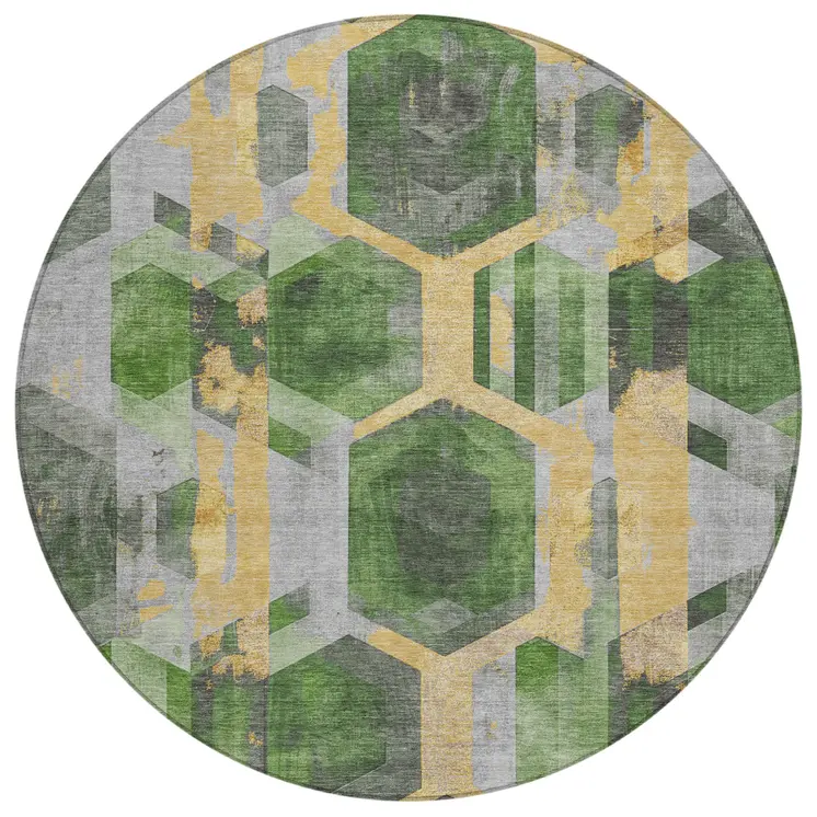 8' Green Gold And Silver Round Geometric Washable Indoor Outdoor Area Rug