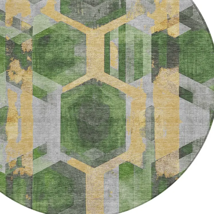 8' Green Gold And Silver Round Geometric Washable Indoor Outdoor Area Rug