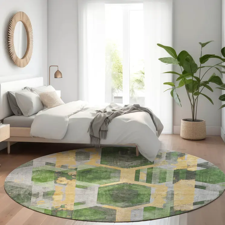 8' Green Gold And Silver Round Geometric Washable Indoor Outdoor Area Rug