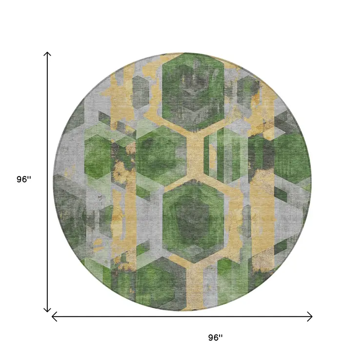 8' Green Gold And Silver Round Geometric Washable Indoor Outdoor Area Rug