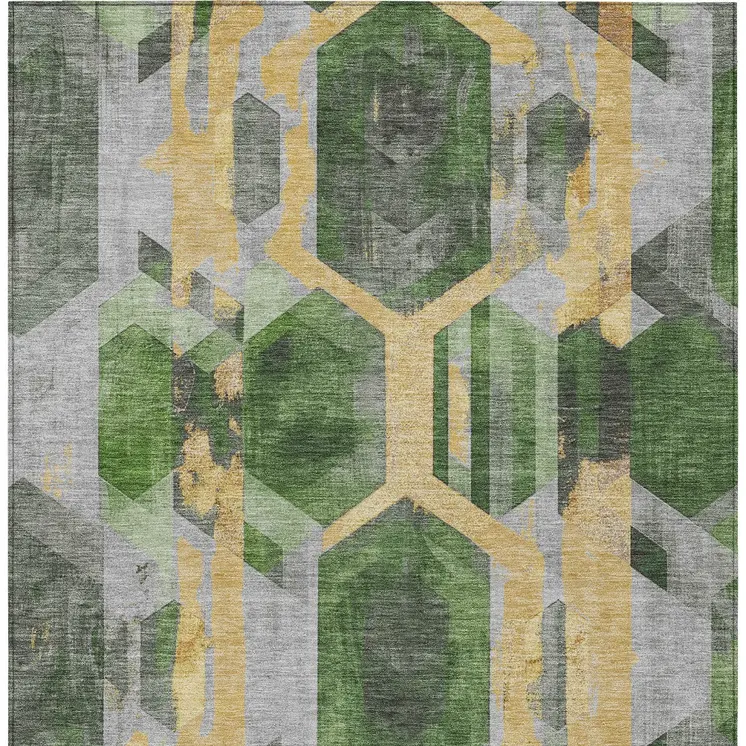 9' X 12' Green Gold And Silver Geometric Washable Indoor Outdoor Area Rug