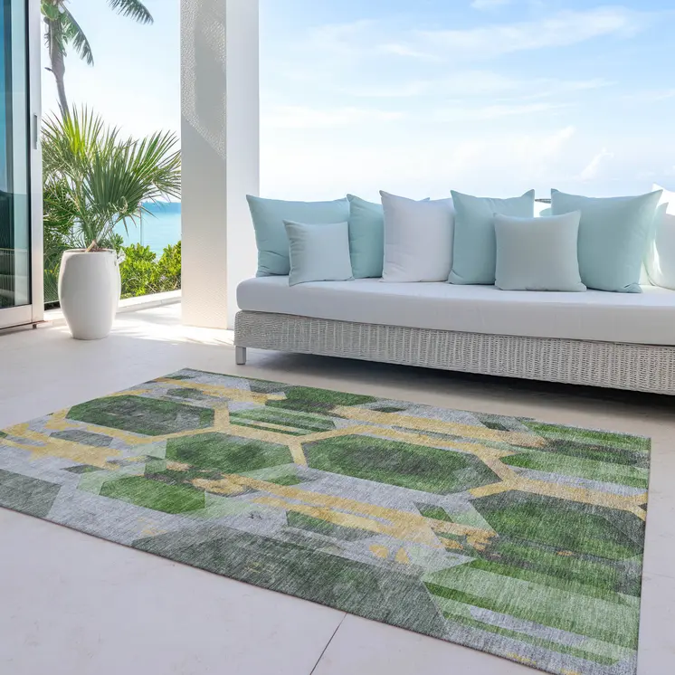 9' X 12' Green Gold And Silver Geometric Washable Indoor Outdoor Area Rug
