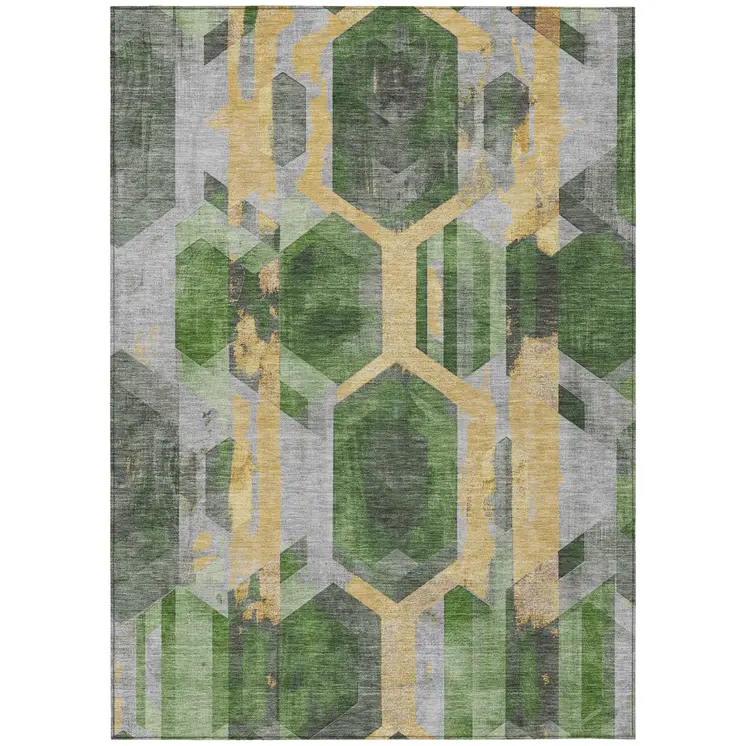 9' X 12' Green Gold And Silver Geometric Washable Indoor Outdoor Area Rug