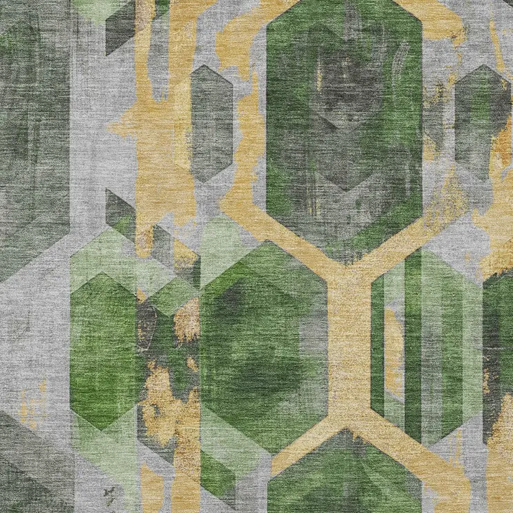 9' X 12' Green Gold And Silver Geometric Washable Indoor Outdoor Area Rug
