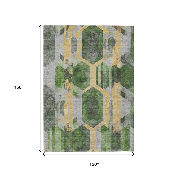 10' X 14' Green Gold And Silver Geometric Washable Indoor Outdoor Area Rug