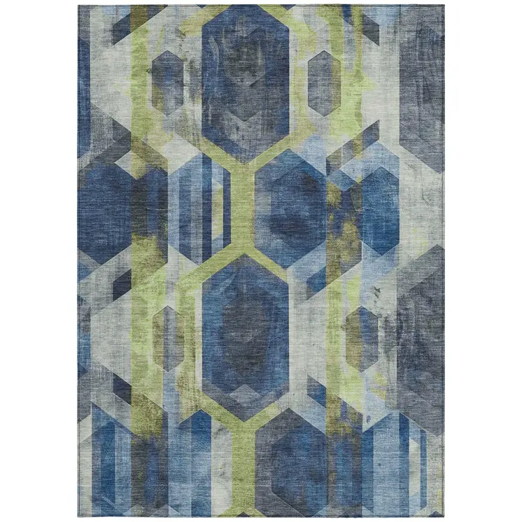 5' X 8' Navy Blue Gold And Silver Geometric Washable Indoor Outdoor Area Rug