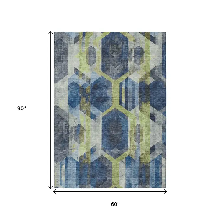 5' X 8' Navy Blue Gold And Silver Geometric Washable Indoor Outdoor Area Rug