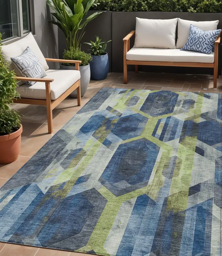 5' X 8' Navy Blue Gold And Silver Geometric Washable Indoor Outdoor Area Rug