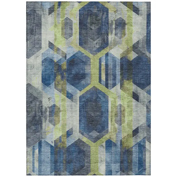 5' X 8' Navy Blue Gold And Silver Geometric Washable Indoor Outdoor Area Rug