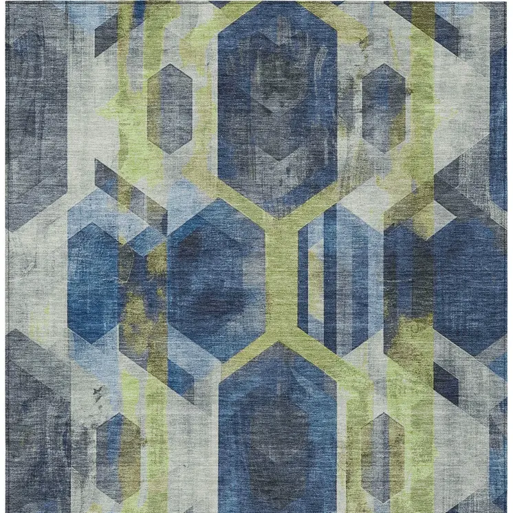 5' X 8' Navy Blue Gold And Silver Geometric Washable Indoor Outdoor Area Rug