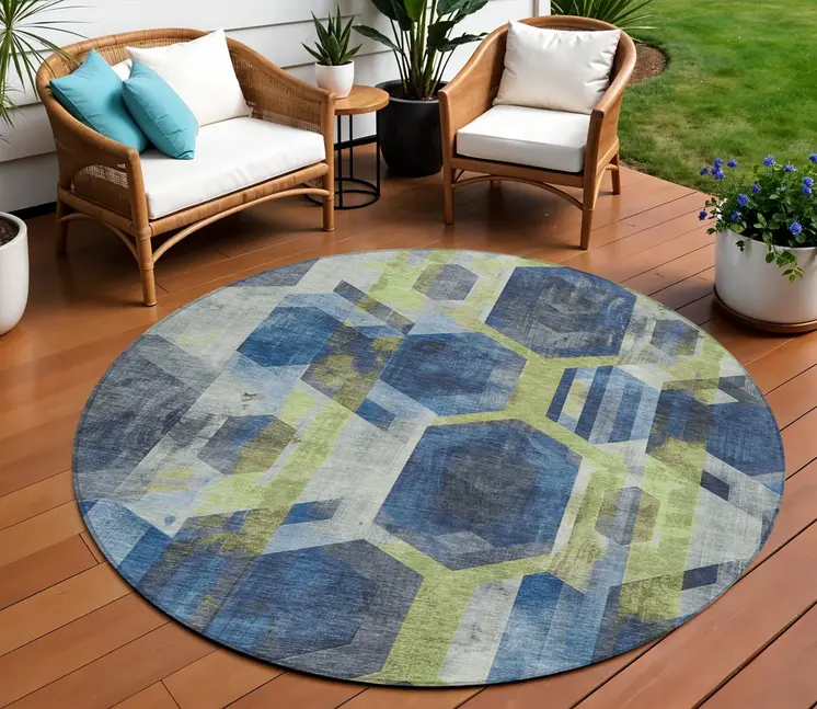 8' Navy Blue Gold And Silver Round Geometric Washable Indoor Outdoor Area Rug