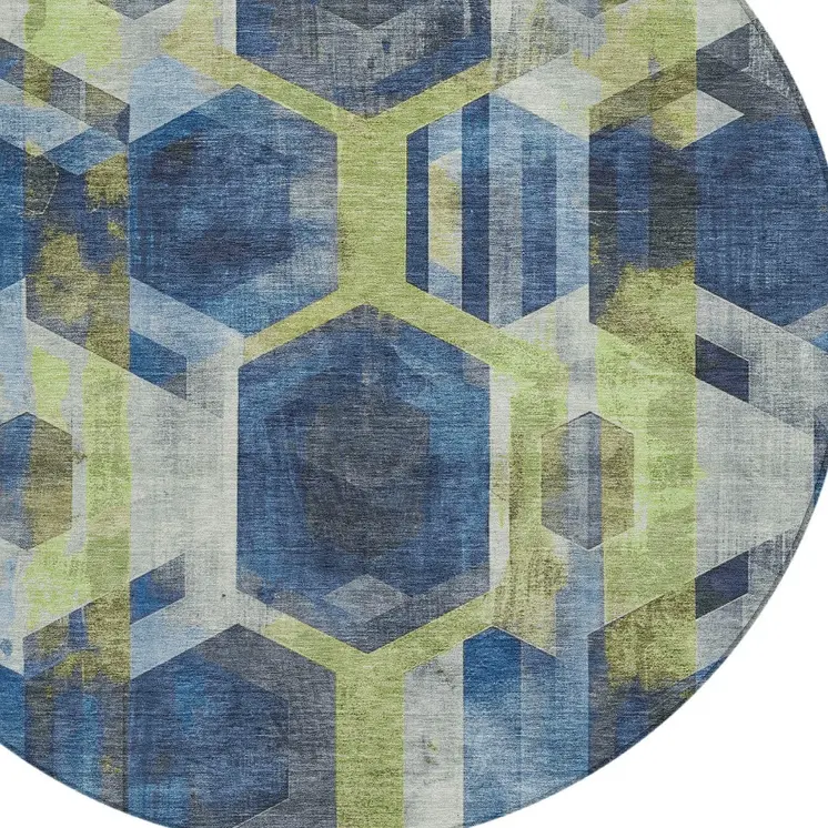 8' Navy Blue Gold And Silver Round Geometric Washable Indoor Outdoor Area Rug