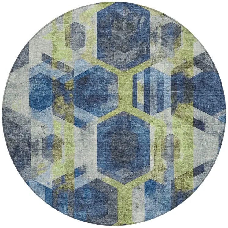 8' Navy Blue Gold And Silver Round Geometric Washable Indoor Outdoor Area Rug