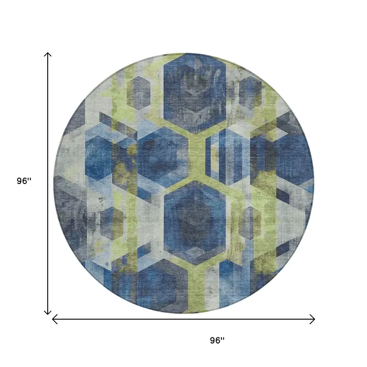 8' Navy Blue Gold And Silver Round Geometric Washable Indoor Outdoor Area Rug