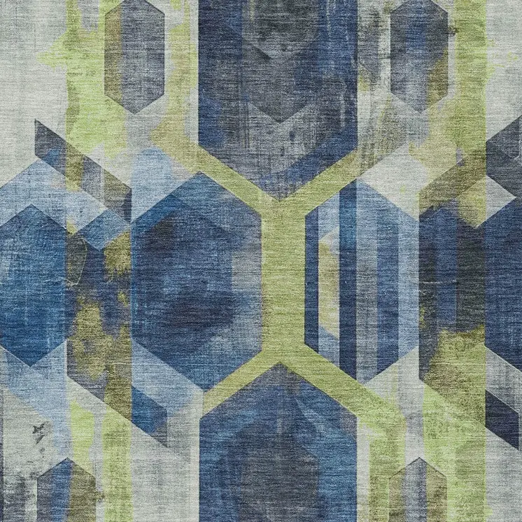 9' X 12' Navy Blue Gold And Silver Geometric Washable Indoor Outdoor Area Rug