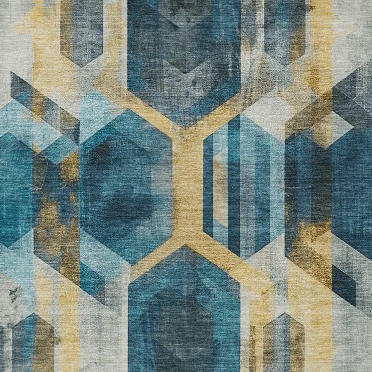 3' X 5' Teal Blue Gold And Silver Geometric Washable Indoor Outdoor Area Rug