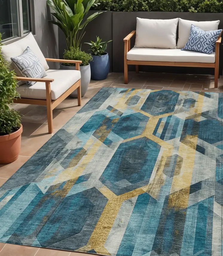 5' X 8' Teal Blue Gold And Silver Geometric Washable Indoor Outdoor Area Rug