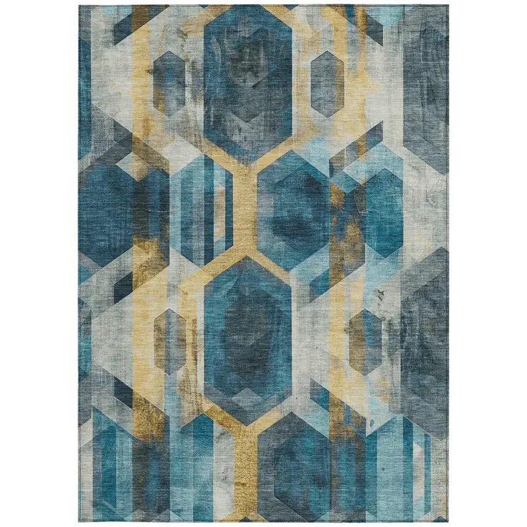 5' X 8' Teal Blue Gold And Silver Geometric Washable Indoor Outdoor Area Rug