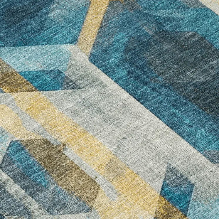 5' X 8' Teal Blue Gold And Silver Geometric Washable Indoor Outdoor Area Rug