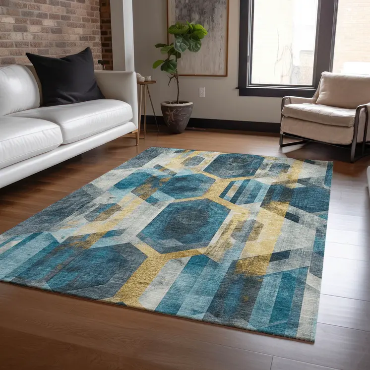 5' X 8' Teal Blue Gold And Silver Geometric Washable Indoor Outdoor Area Rug