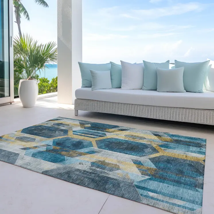 8' X 10' Teal Blue Gold And Silver Geometric Washable Indoor Outdoor Area Rug