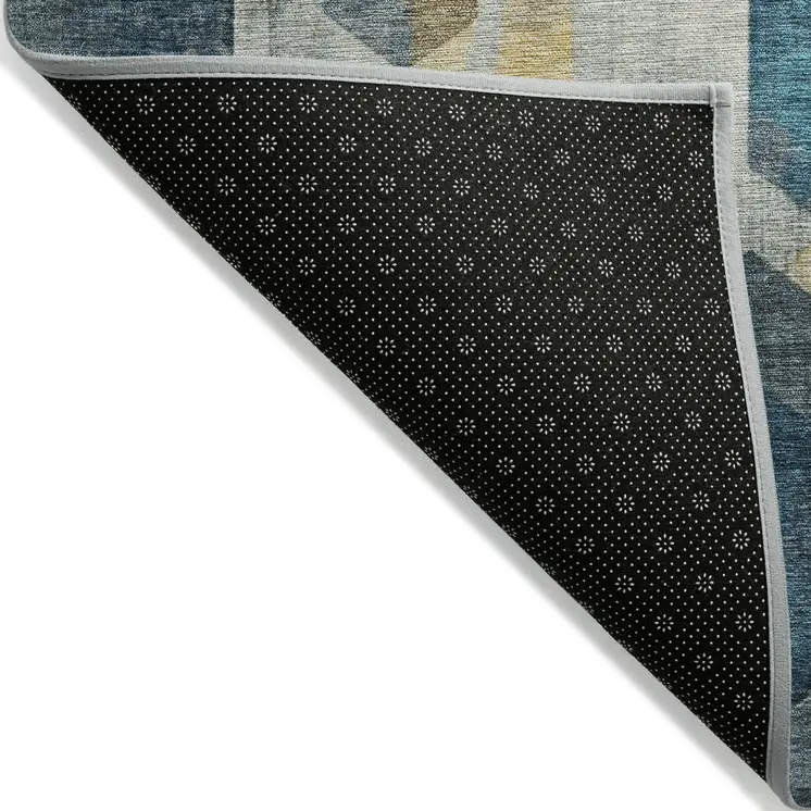 8' X 10' Teal Blue Gold And Silver Geometric Washable Indoor Outdoor Area Rug