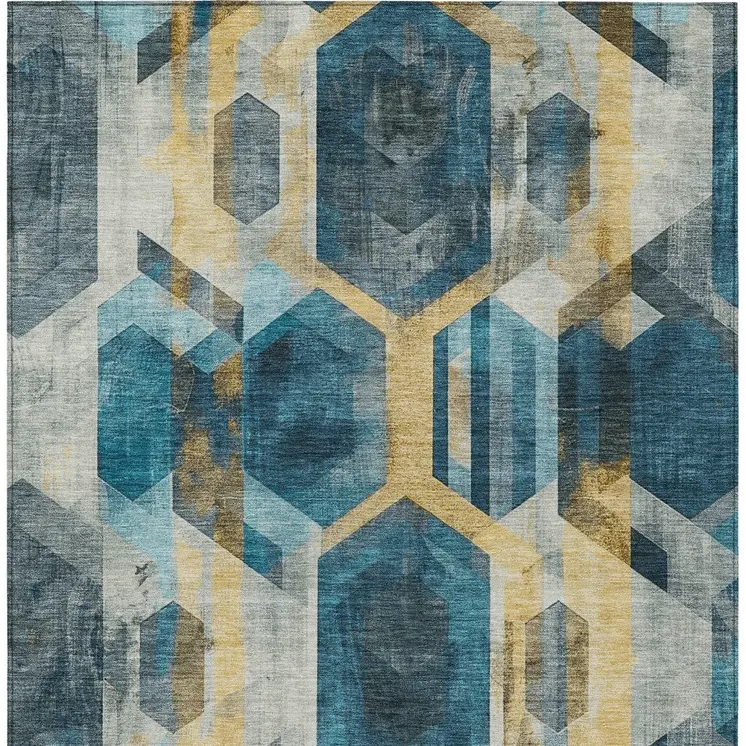 10' X 14' Teal Blue Gold And Silver Geometric Washable Indoor Outdoor Area Rug
