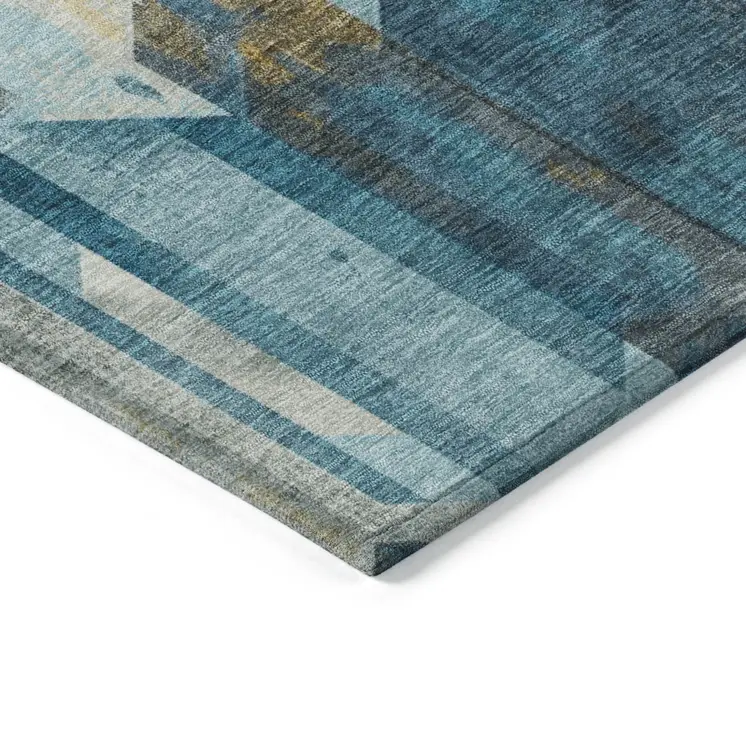10' X 14' Teal Blue Gold And Silver Geometric Washable Indoor Outdoor Area Rug