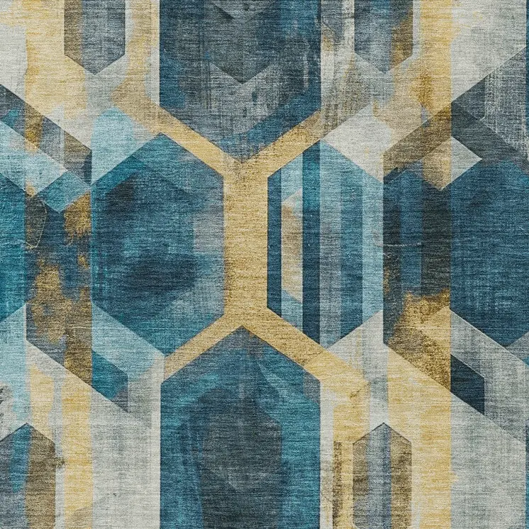 10' X 14' Teal Blue Gold And Silver Geometric Washable Indoor Outdoor Area Rug