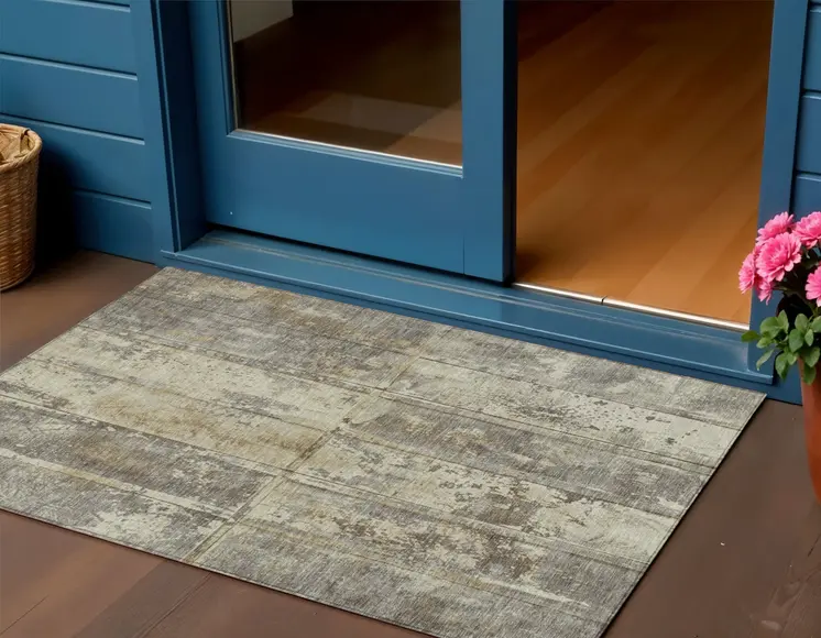 3' X 5' Beige Gold And Khaki Abstract Washable Indoor Outdoor Area Rug