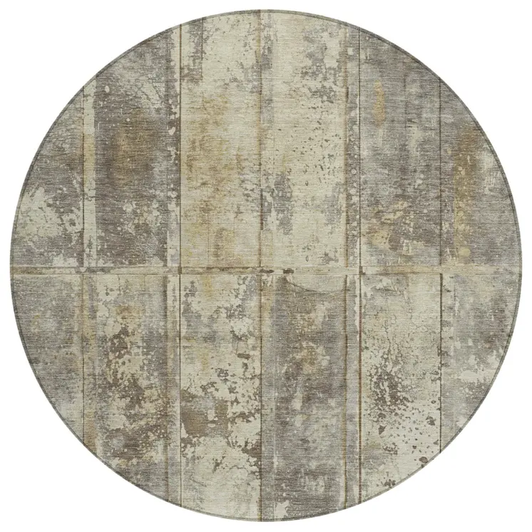 8' Beige Gold And Khaki Round Abstract Washable Indoor Outdoor Area Rug