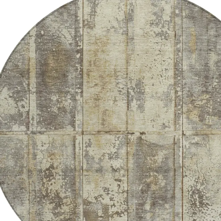8' Beige Gold And Khaki Round Abstract Washable Indoor Outdoor Area Rug