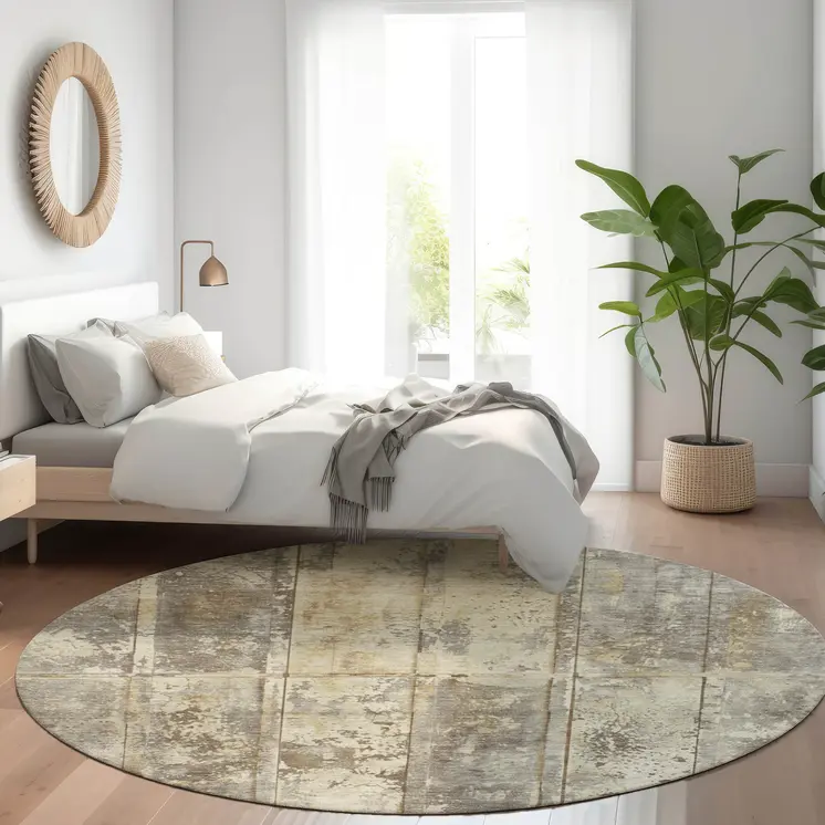 8' Beige Gold And Khaki Round Abstract Washable Indoor Outdoor Area Rug