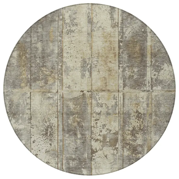 8' Beige Gold And Khaki Round Abstract Washable Indoor Outdoor Area Rug