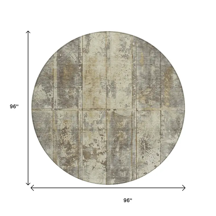 8' Beige Gold And Khaki Round Abstract Washable Indoor Outdoor Area Rug