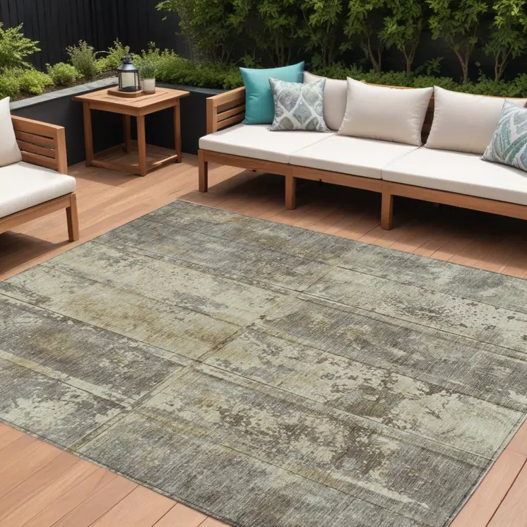 8' X 10' Beige Gold And Khaki Abstract Washable Indoor Outdoor Area Rug