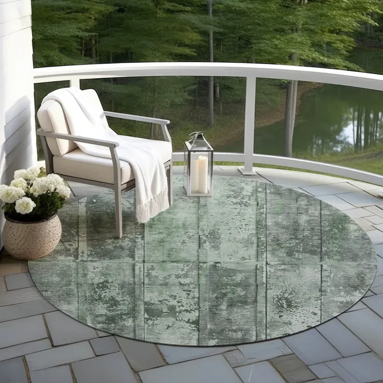 8' Green Charcoal And Gray Round Abstract Washable Indoor Outdoor Area Rug