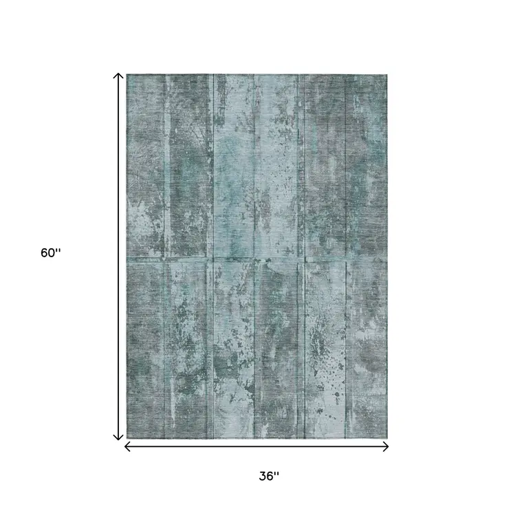 3' X 5' Teal Blue Charcoal And Gray Abstract Washable Indoor Outdoor Area Rug
