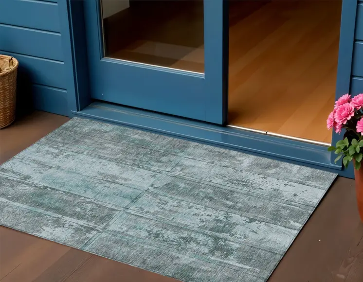 3' X 5' Teal Blue Charcoal And Gray Abstract Washable Indoor Outdoor Area Rug