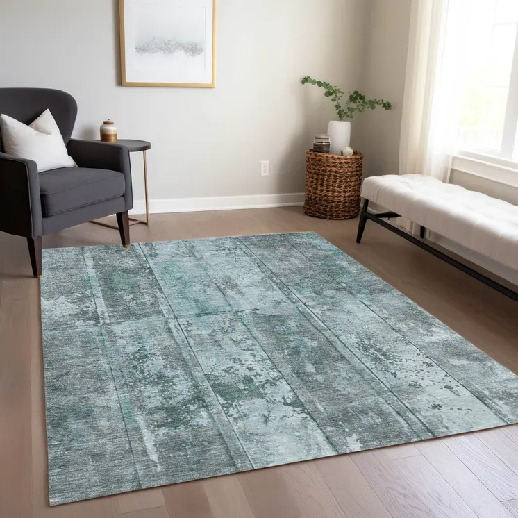 5' X 8' Teal Blue Charcoal And Gray Abstract Washable Indoor Outdoor Area Rug