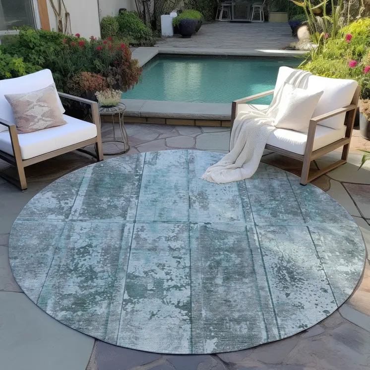 8' Teal Blue Charcoal And Gray Round Abstract Washable Indoor Outdoor Area Rug
