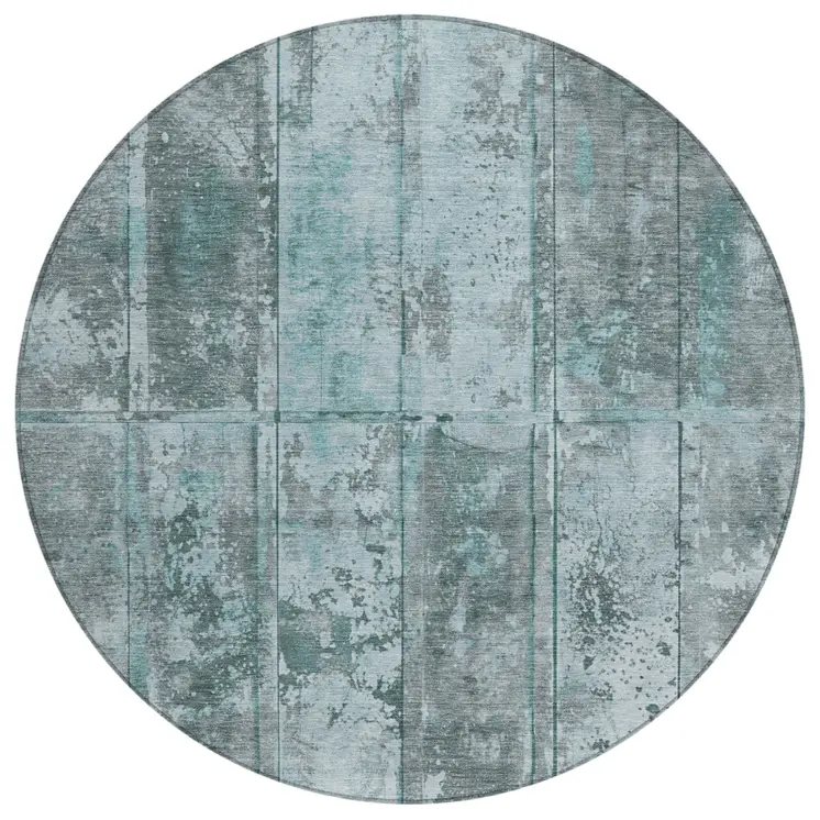 8' Teal Blue Charcoal And Gray Round Abstract Washable Indoor Outdoor Area Rug