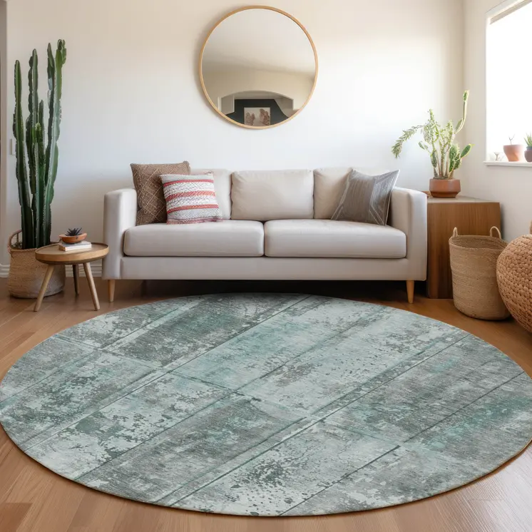 8' Teal Blue Charcoal And Gray Round Abstract Washable Indoor Outdoor Area Rug