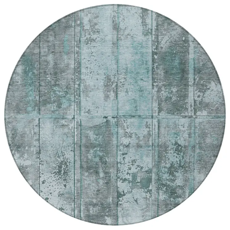 8' Teal Blue Charcoal And Gray Round Abstract Washable Indoor Outdoor Area Rug