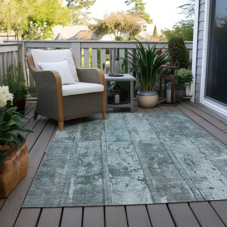 8' X 10' Teal Blue Charcoal And Gray Abstract Washable Indoor Outdoor Area Rug