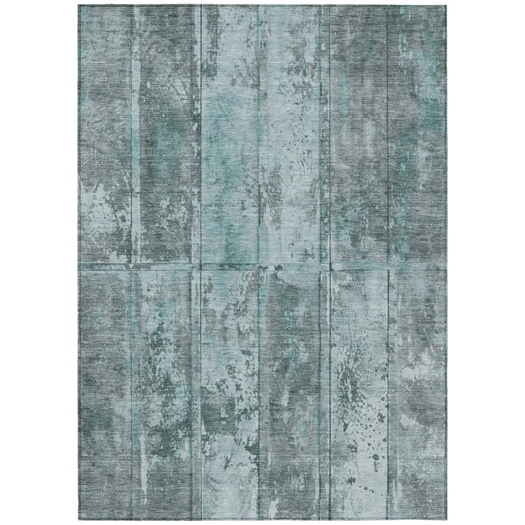 8' X 10' Teal Blue Charcoal And Gray Abstract Washable Indoor Outdoor Area Rug