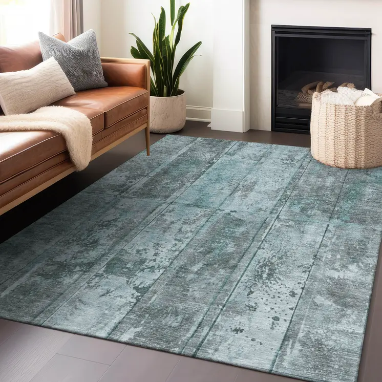 8' X 10' Teal Blue Charcoal And Gray Abstract Washable Indoor Outdoor Area Rug