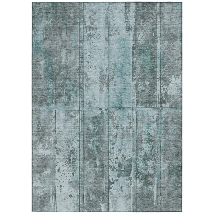 9' X 12' Teal Blue Charcoal And Gray Abstract Washable Indoor Outdoor Area Rug